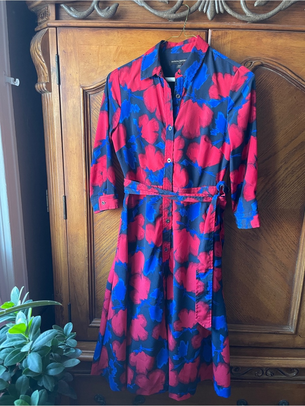 Banana Republic Red and Blue Floral Midi Shirt Dress